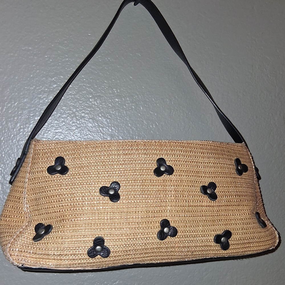 Cole Haan Stylish Tan/Black Straw And Black Floral Embelishments Shoulder Bag